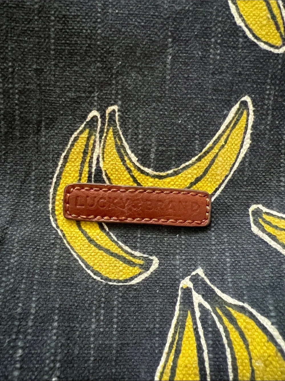 Lucky Brand Navy Denim Tote with Yellow Banana Print and Brown Handles
